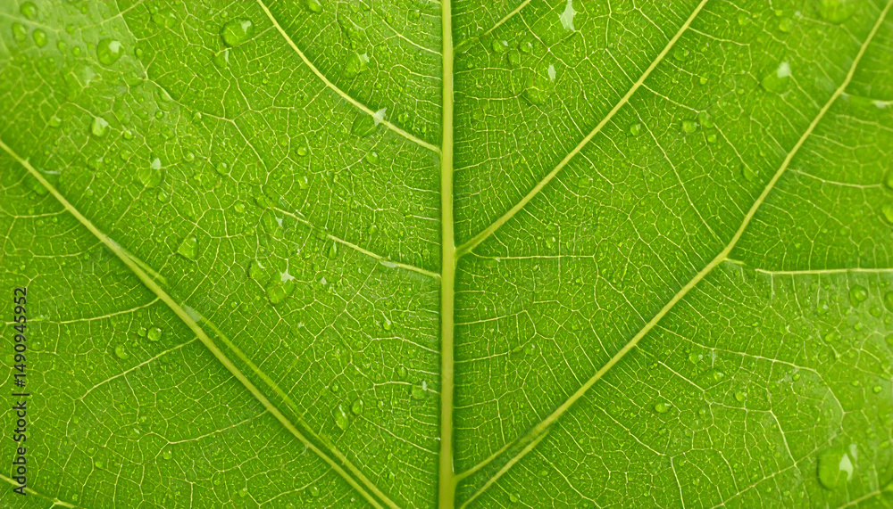 Obraz premium Close-Up of Fresh Green Leaf with Water Droplets Texture