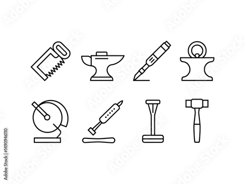 Black and white line art icons of workshop tools