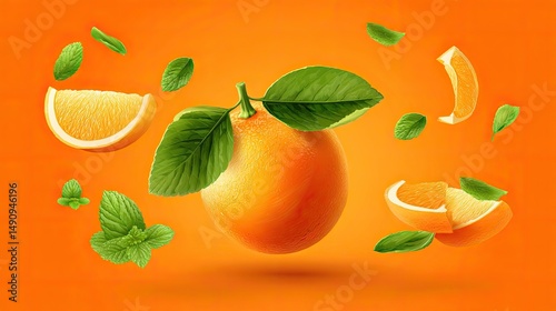an orange fruit with slices flying