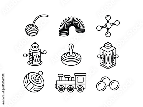 Collection of classic retro toys line art icons