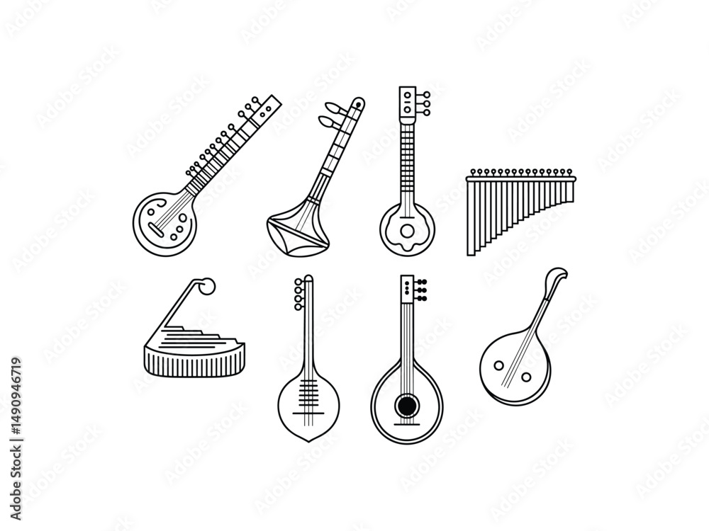Collection of indian classical musical instruments line art Collection of indian classical musical instruments line art