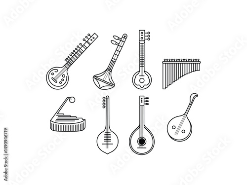 Collection of indian classical musical instruments line art