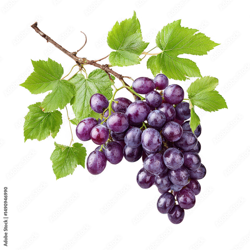 Fototapeta premium A bunch of ripe dark purple grapes with green leaves on a branch gleams.