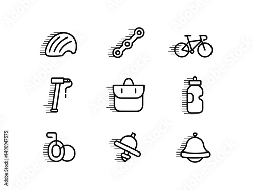 Cycling icons set bicycle helmet chain bike pump bag water bottle bell