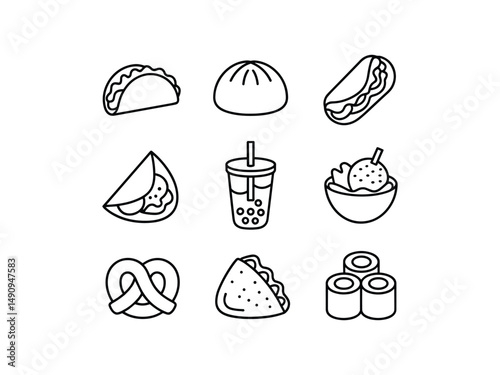 Delicious food and drink icons line art set
