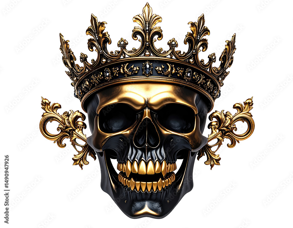 Fototapeta premium Ornate golden skull crowned with detailed filigree against a transparent backdrop. The skull features gleaming golden teeth and intricate decorative elements. The image is a high-contrast graphic.