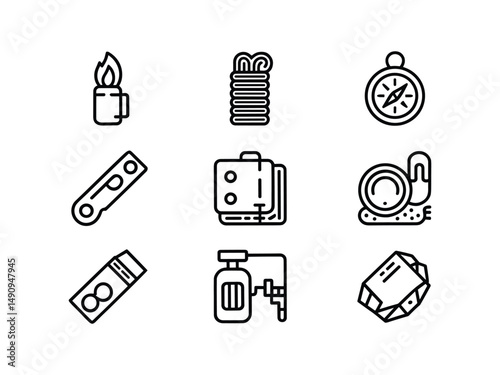 Essential camping gear icons set outline style