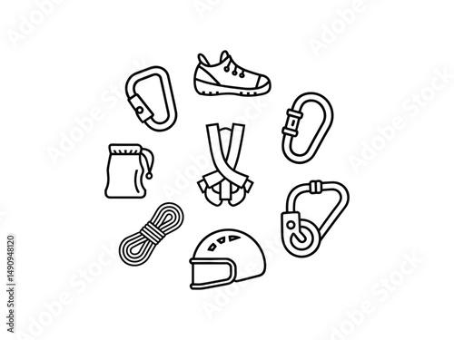 Essential rock climbing gear equipment icons set