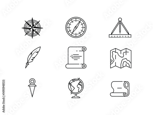 Exploration navigation tools icons set design elements
