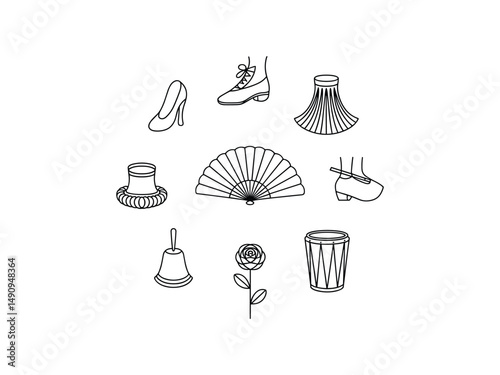 Flamenco dance elements shoes fan rose hat percussion
