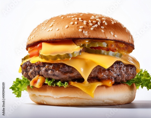double smash cheese burger on a potato bun isolated on a white background