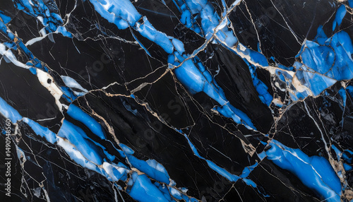 Black and blue marble stone background, fossil texture