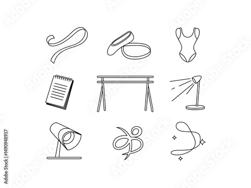 Gymnastics equipment icons ballet dance studio supplies