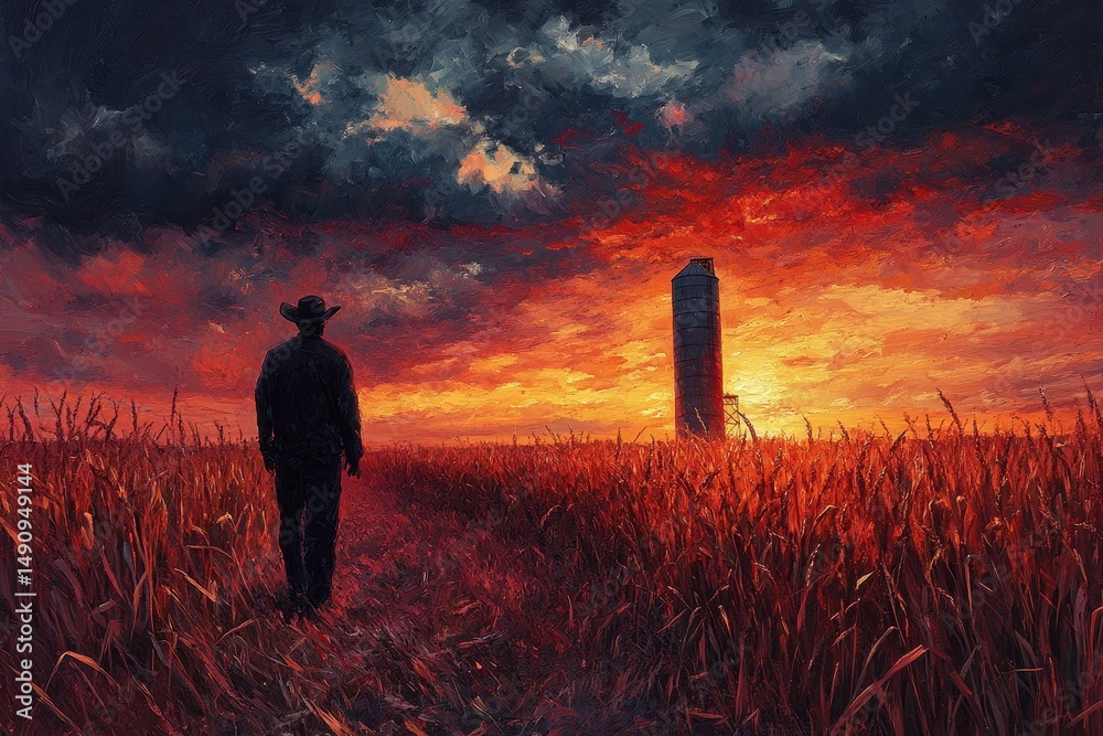 Fototapeta premium Cowboy walks through golden field at sunset near tall structure with dramatic clouds in background