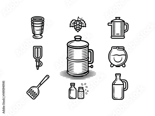 Homebrewing equipment icons craft beer brewing supplies