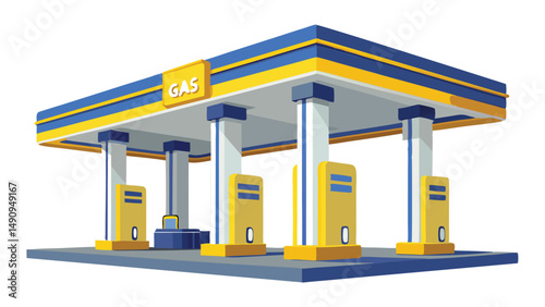 A colorful flat illustration of a modern gas station with gas pumps and canopy.