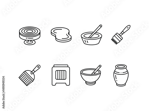 Line art icons set of pottery tools and supplies