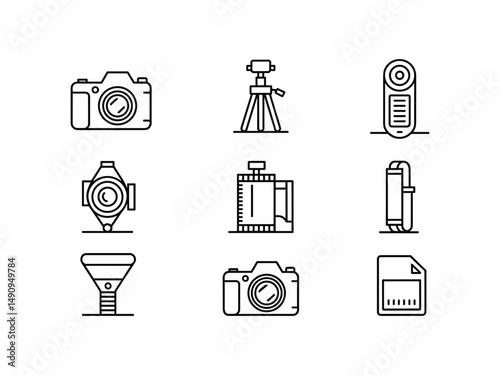 Photography equipment icons camera tripod flash film