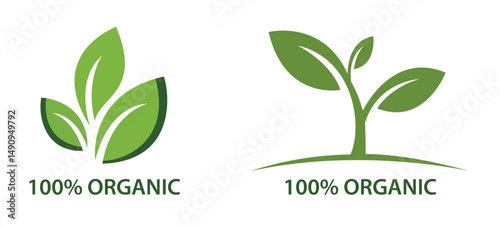100 percent organic vector logo design with green leaves, eco-friendly plant icons for natural product branding, sustainable agriculture and healthy lifestyle label