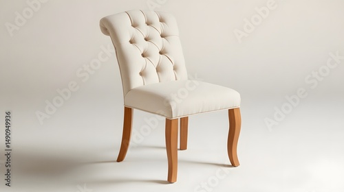 Cream-colored upholstered dining chair with wooden legs.