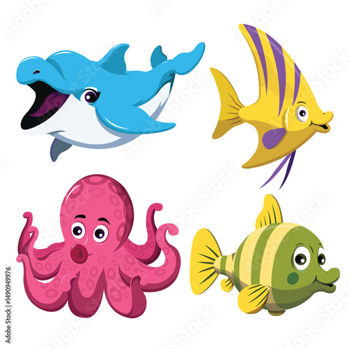 This is a cute cartoon sea animal vector set with funny fish, sharks, dolphins, octopus, starfish, jellyfish, crabs, and other marine life illustrations for underwater ocean and aquarium designs
