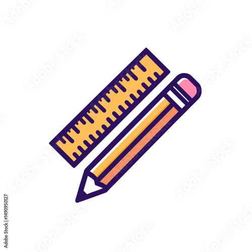 Colored pencil and ruler in flat design style on a transparent background