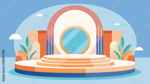 Abstract stage illustration with botanical elements and geometric shapes in a modern design