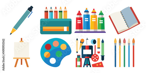 Art supplies, tools set. Paints palettes, brushes, pencil kit, pen, sketchbook, easel and canvas. Painters equipment, drawing stationery. Flat graphic vector illustrations isolated on white background