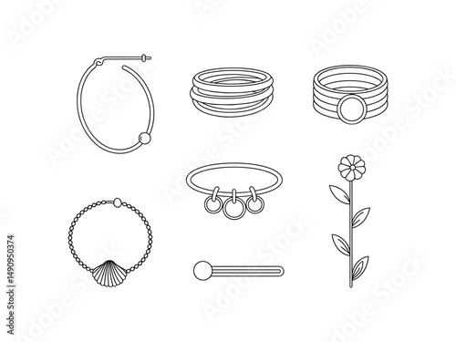 Simple line drawings of various jewelry and a flower
