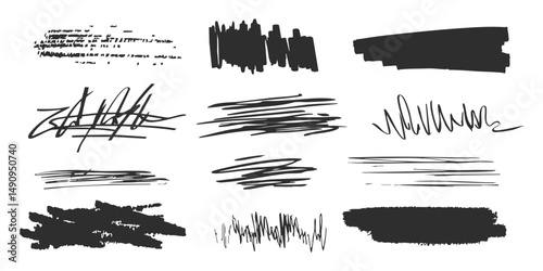 Abstract Scribble And Brush Stroke Set. Creative Expression And Design Elements Collection. Isolated Vector Illustration