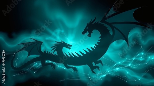 Abstract dragon silhouettes soar on a deep teal backdrop, creating a modern, technological background with subtle glowing effects.