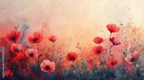 Delicate watercolor poppies in a soft, warm landscape.