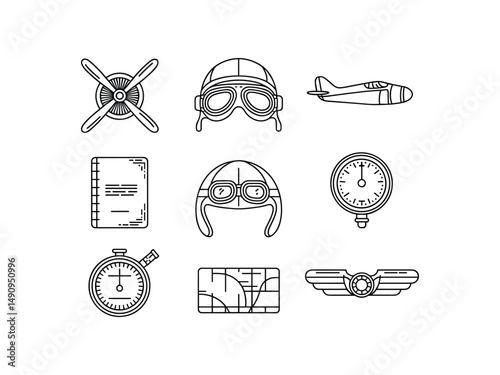 Vintage aviation icons set pilot helmet goggles plane propeller