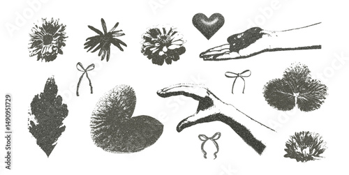 Photocopy effect female hands holding flowers collage set. Cutout opened arms palm with plants and bows for mixed media design. Pieces of retro newspaper elements. Vector retro illustration isolated.