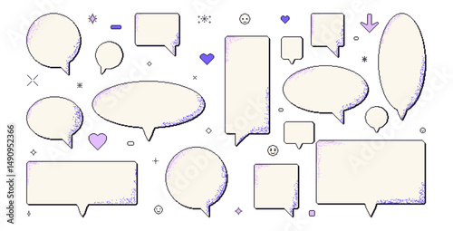 Pixel art speech bubbles set. 8 bit text boxes with hearts, arrow and sparkles. Rectangle and round chat frames with noise dithering. Dialog retro. Digital message borders. Vector illustration.