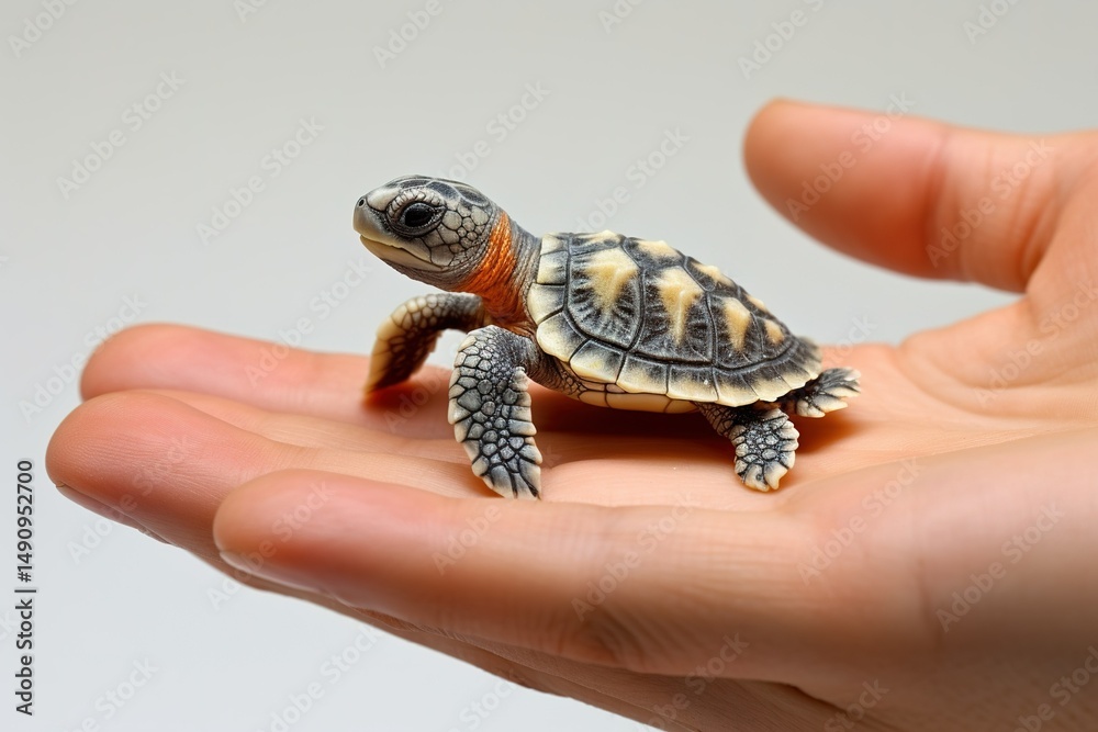 Obraz premium A baby sea turtle, its tiny flippers raised as it moves across the white surface