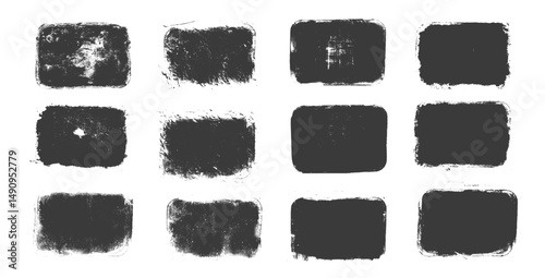 Ink grunge text boxes set. Callouts rectangles frames. Linocut rolled paint black tag swatch. Vector handmade brayer stamp smudged texture. Rough paint decorative irregular border.