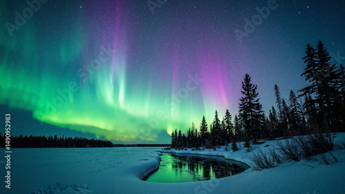 Vibrant aurora borealis over Yellowknife, Canada, with snowy landscape and starry sky—ideal for travel ads, science books, decor, and outdoor gear promotions.    keywords:   aurora, borealis, northern