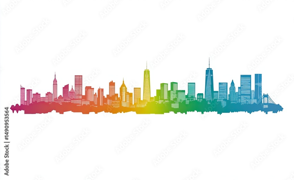 Naklejka premium Rainbow Cityscape Skyline with Buildings on White Background
