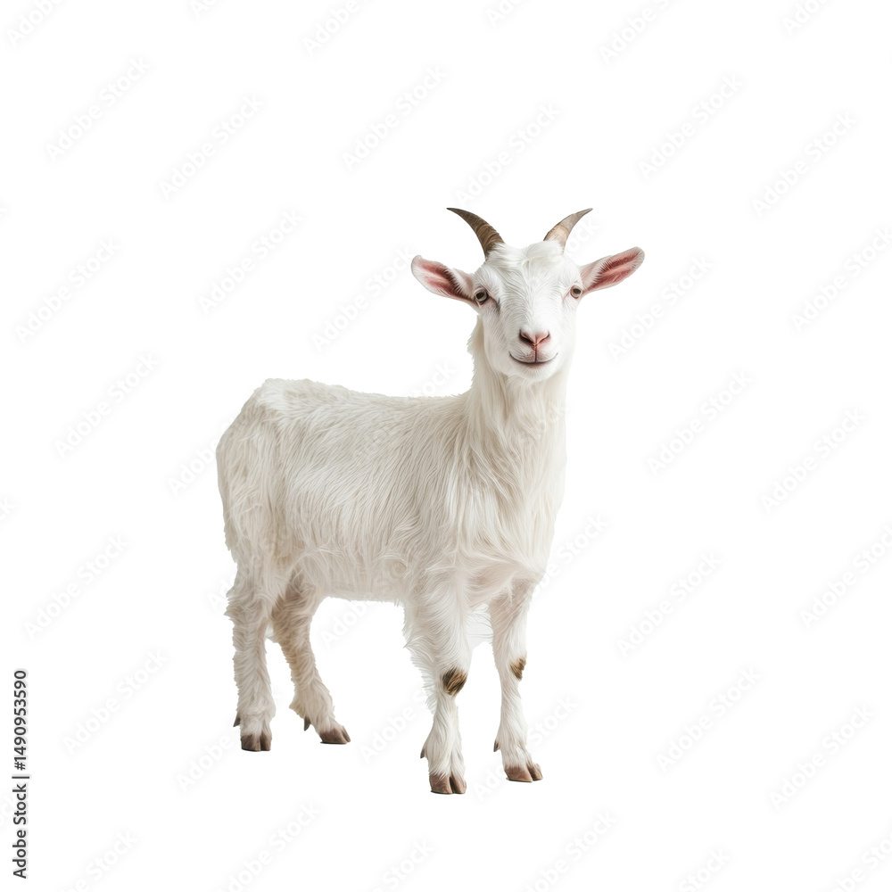 Fototapeta premium Small white kid goat in full-body view looking at the camera, isolated on a transparent background