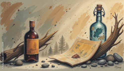 Artistic depiction of bottles and a map against a natural background