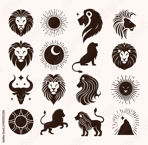 Collection of Lion, Moon, Stars, and Wild Dominant Animal Vector Illustration – Mystical Celestial Wildlife Art Featuring Powerful Animals, Night Sky, Astrology, and Magical Forest Elements