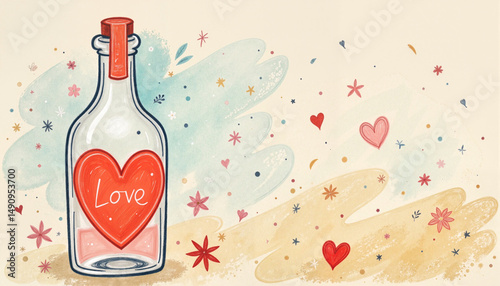Love bottle illustration with hearts and colorful background