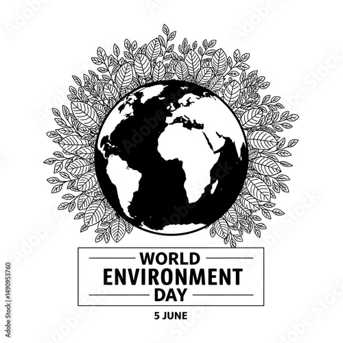 Earth surrounded by leaves for world environment day celebration on june fifth in black and white