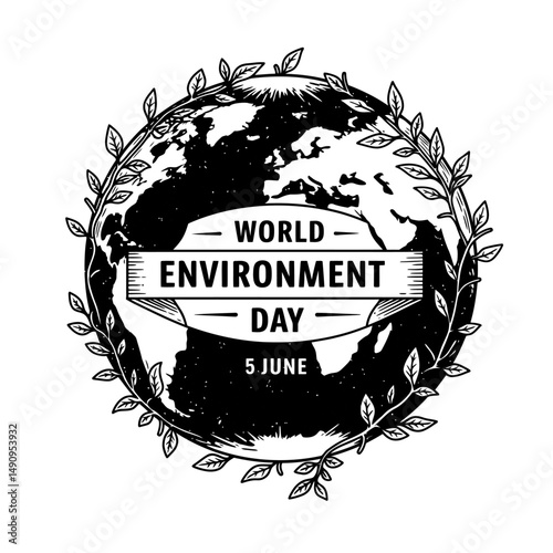 World environment day globe with leaves and june date in a vintage style illustration design art