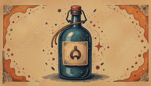 Decorative blue bottle with label on vintage background