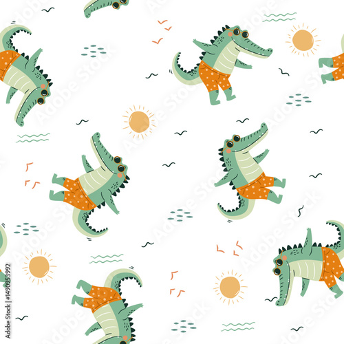 Seamless vector pattern. Cute happy crocodile in swimming trunks and sun glasses, summer elements on white background . Vector illustration
