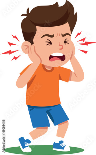 Boy experiencing ear pain with orange shirt and blue shorts vector illustration 