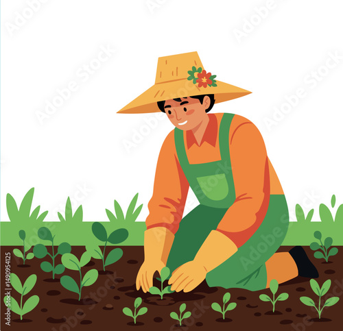 Farmer Planting Seedlings in Garden with Green Plants and Orange Outfit Vector Illustration 