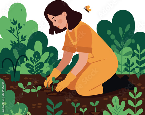 Woman Gardening Planting Seedlings in Soil Surrounded by Green Shrubs Vector Illustration 
